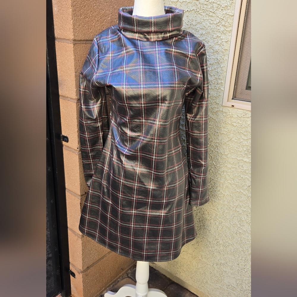 American City Wear Vintage Plaid Faux-Leather Turtleneck Mini Dress - Black